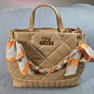 Steve Madden Quilted Tote Bag Womens Large Tan Excellent Scarf Chain Detail